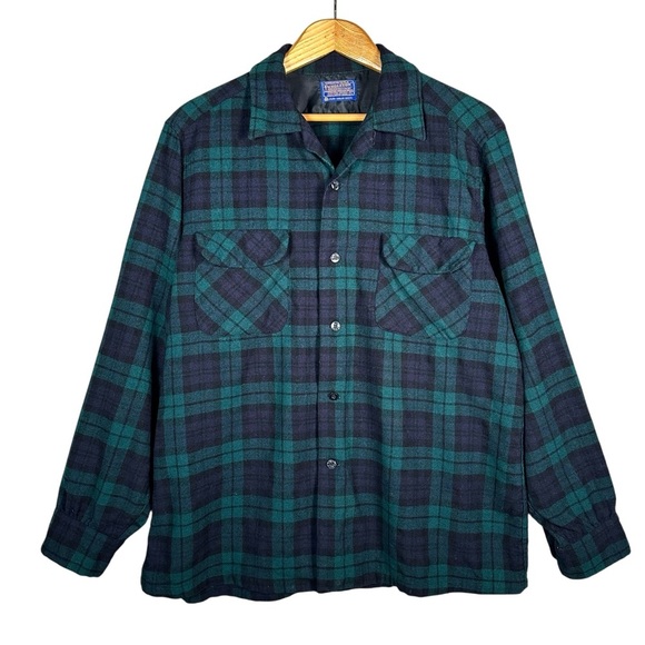 PENDLETON Vintage Virgin Wool Flannel in forest green & black Hunter Plaid - Picture 1 of 9